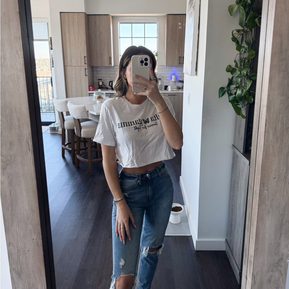 White Delta Gamma Graphic Crop Top (Size Small)
